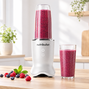 Pearl white nutribullet Ultra with a berry smoothie in a bright kitchen